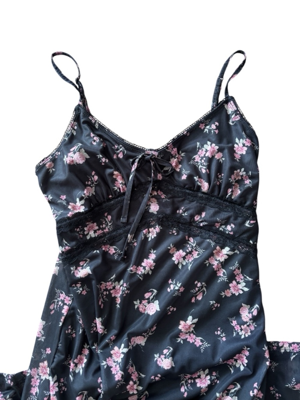 Wild Skye Floral Satin Slip Dress Black Pink Lace Tie Front Medium